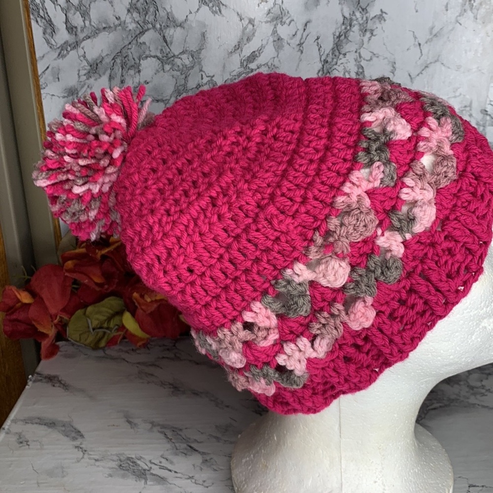 Handmade Bright Fuchsia Pink Chunky Knit Floral Beanie with Pom Pom - Picture 3 of 7